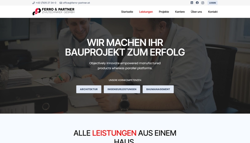 Screenshot der Webseite Ferro & Partner - Leistungen