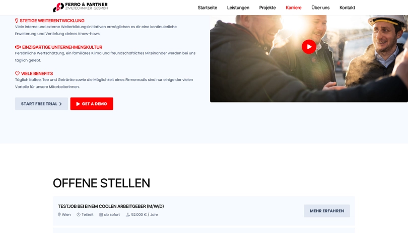 Screenshot der Webseite Ferro & Partner - Stellenausschreibungen