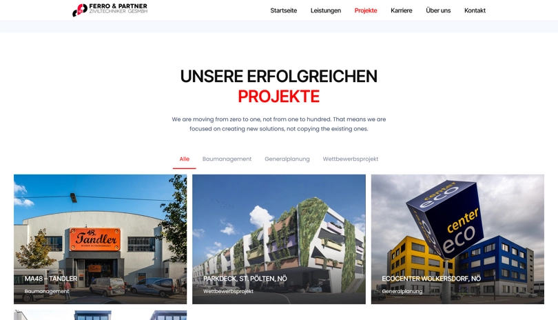 Screenshot der Webseite Ferro & Partner - Projekte