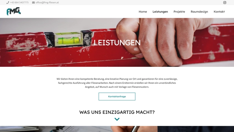 Screenshot der Webseite fmg-fliesen.at - Leistungen