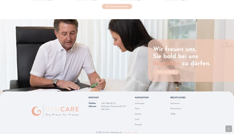 Screenshot der Webseite GynCare - Footer, CTA und Informationen