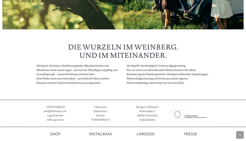 Screenshot der Webseite Weingut J. Hofstätter - Footer & Text