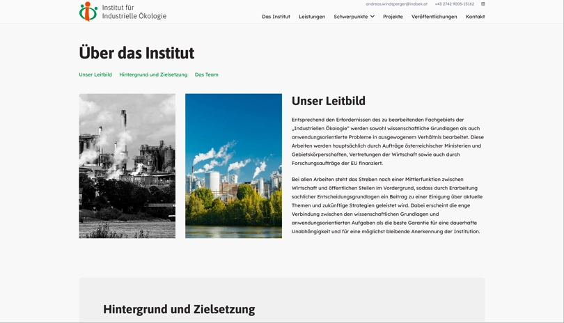 Screenshot der Webseite Institut für Industrielle Ökologie - Über das Institut