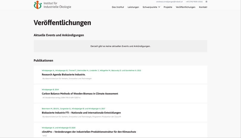 Screenshot der Webseite Institut für Industrielle Ökologie - Veröffentlichungen