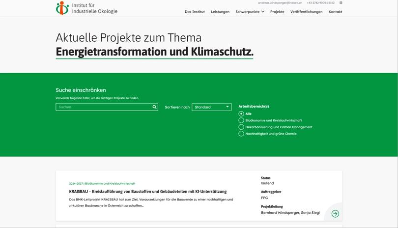 Screenshot der Webseite Institut für Industrielle Ökologie - Projekte