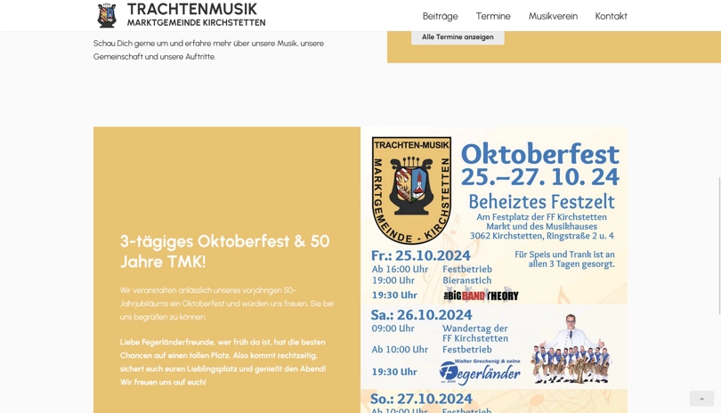 Screenshot der Webseite TMK Kirchstetten - Ankündigungen