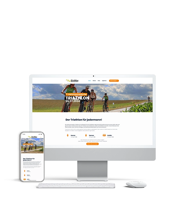 Mockup des Projektes 'Triathlon Hetzmannsdorf' auf weißem Mac und iPhone